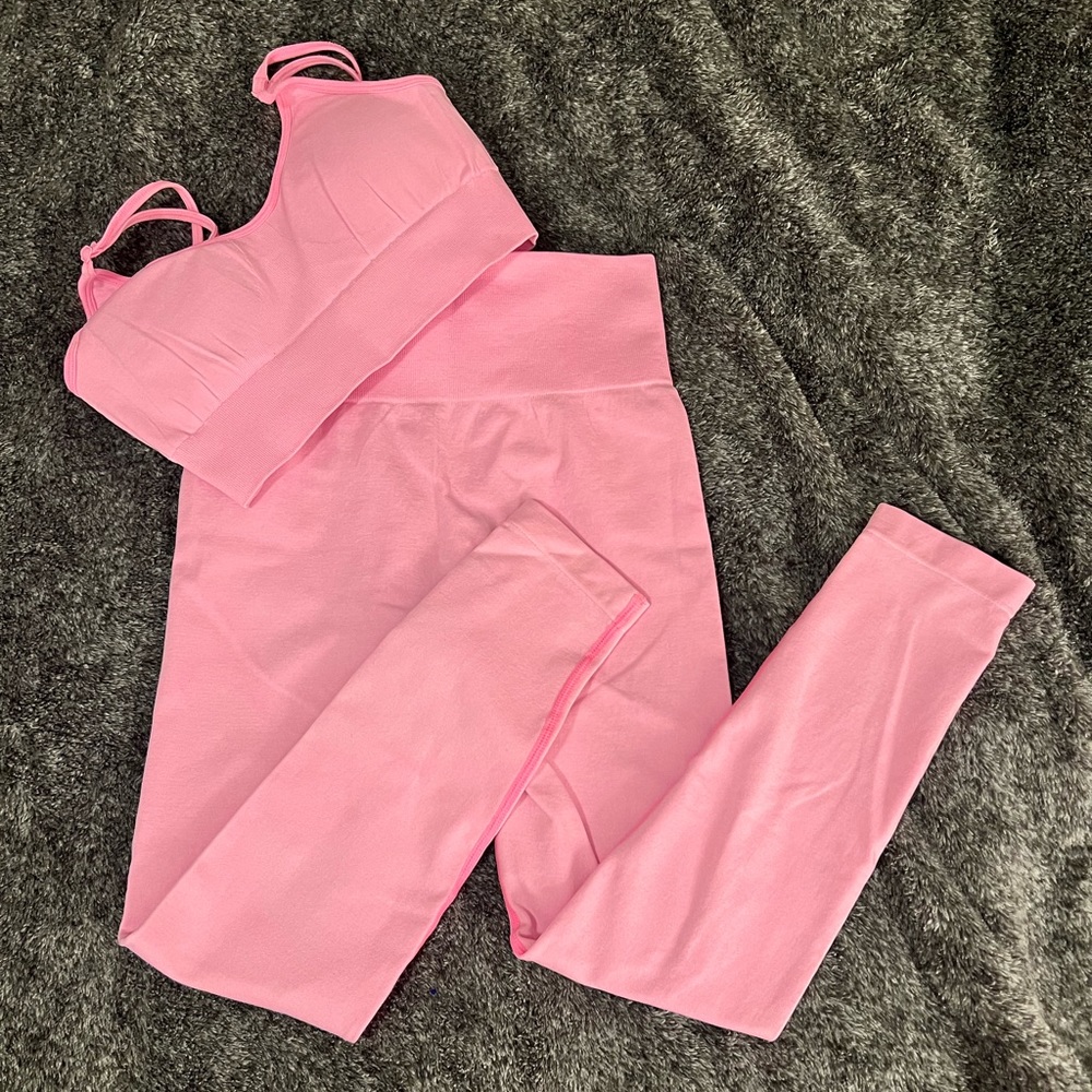 Pink matching sports bra and leggings